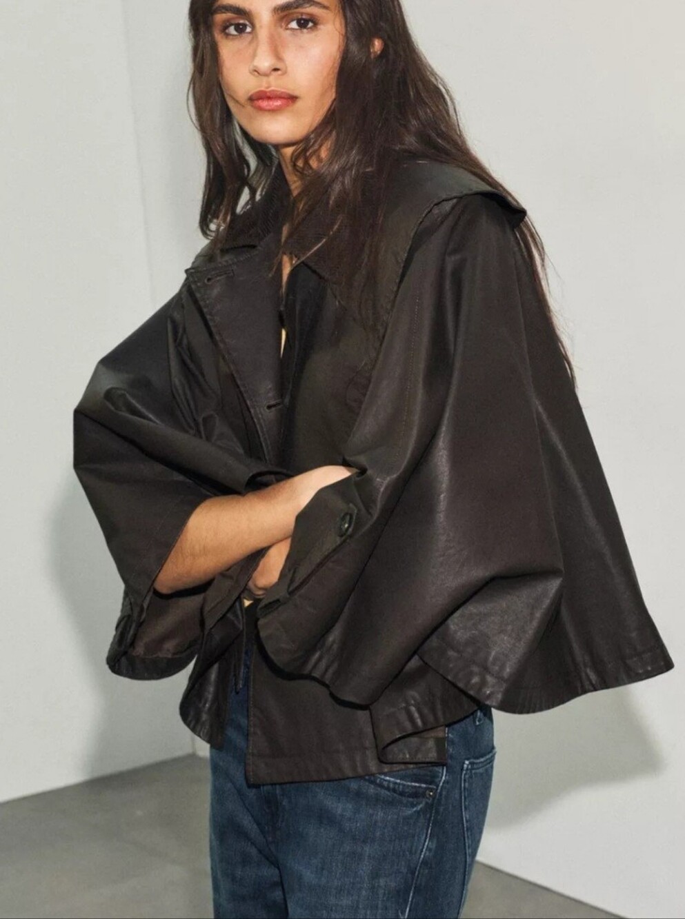 Zara  Jacket with Detachable Waxed Collar Size XS_S Color Dark Brown